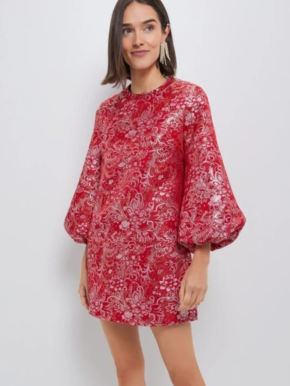 Hyacinth House Red & Silver Jacquard Paisley Balloon-Sleeve Mini Dress Sz M